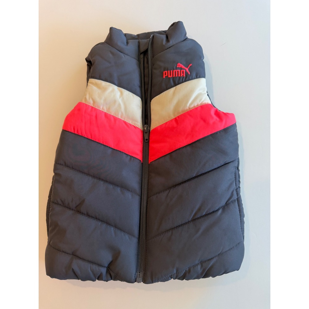 Puma Kids Puffer Vest Grey Pink Colorblock Full Zip Sleeveless Jacket 2T